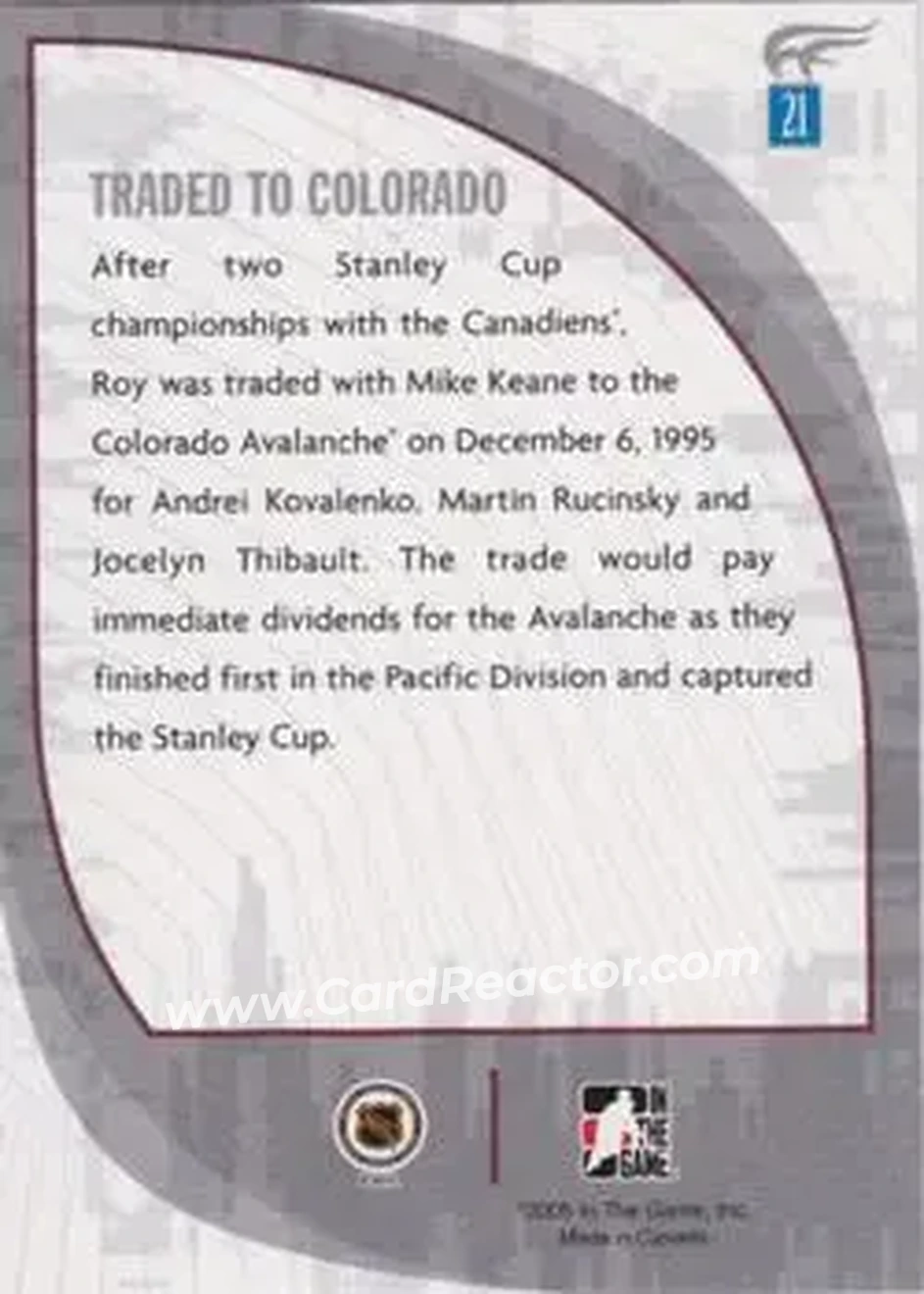 2005-06 In The Game Passing the Torch #21 - Patrick Roy - Colorado Avalanche - Back
