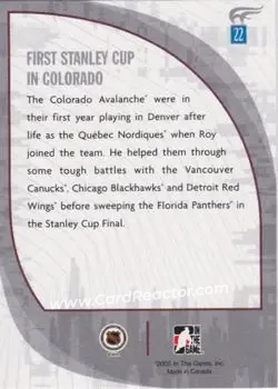 2005-06 In The Game Passing the Torch #22 - Patrick Roy - Colorado Avalanche - Back 2005-06 In The Game Passing the Torch #22 - Patrick Roy - Colorado Avalanche - Back