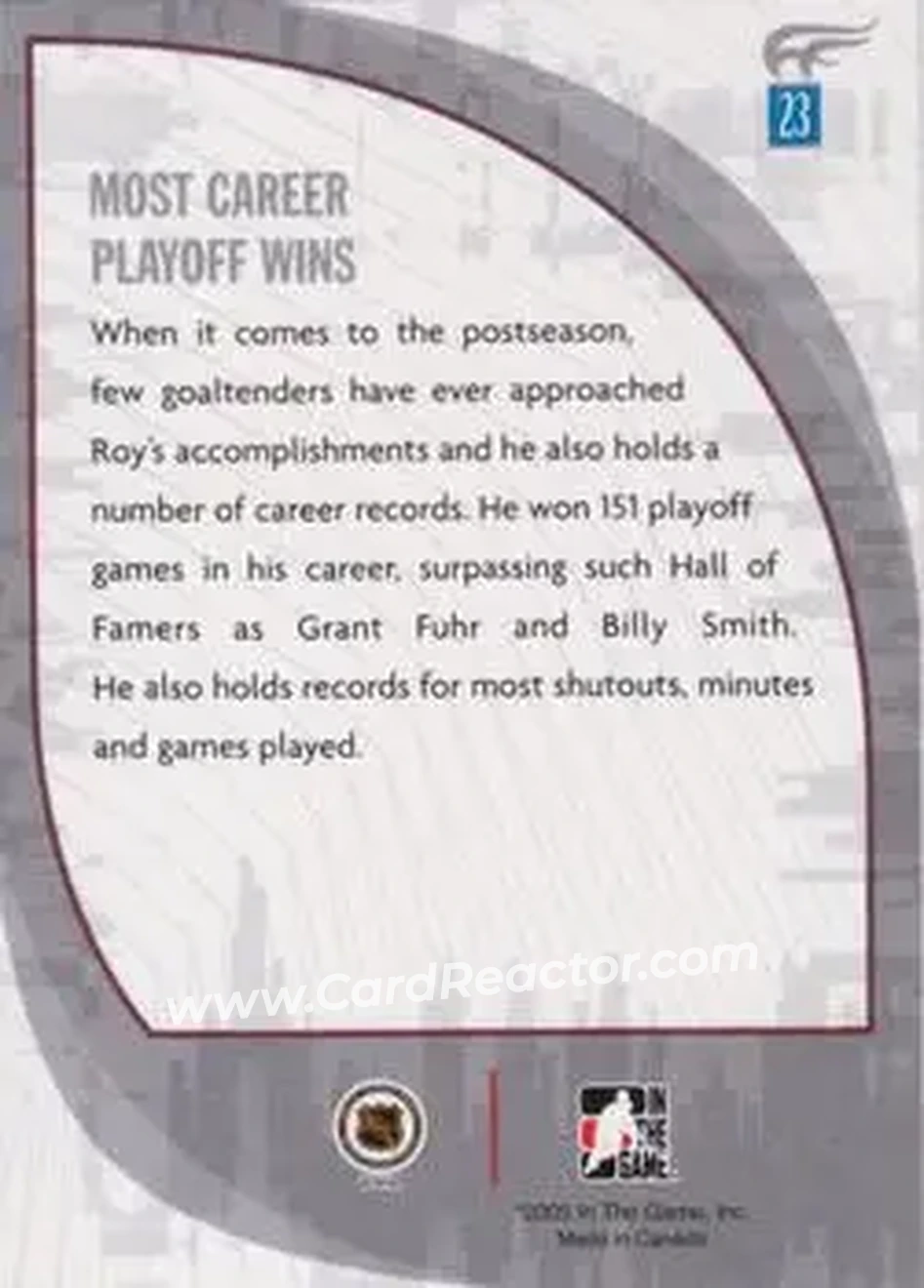 2005-06 In The Game Passing the Torch #23 - Patrick Roy - Colorado Avalanche - Back