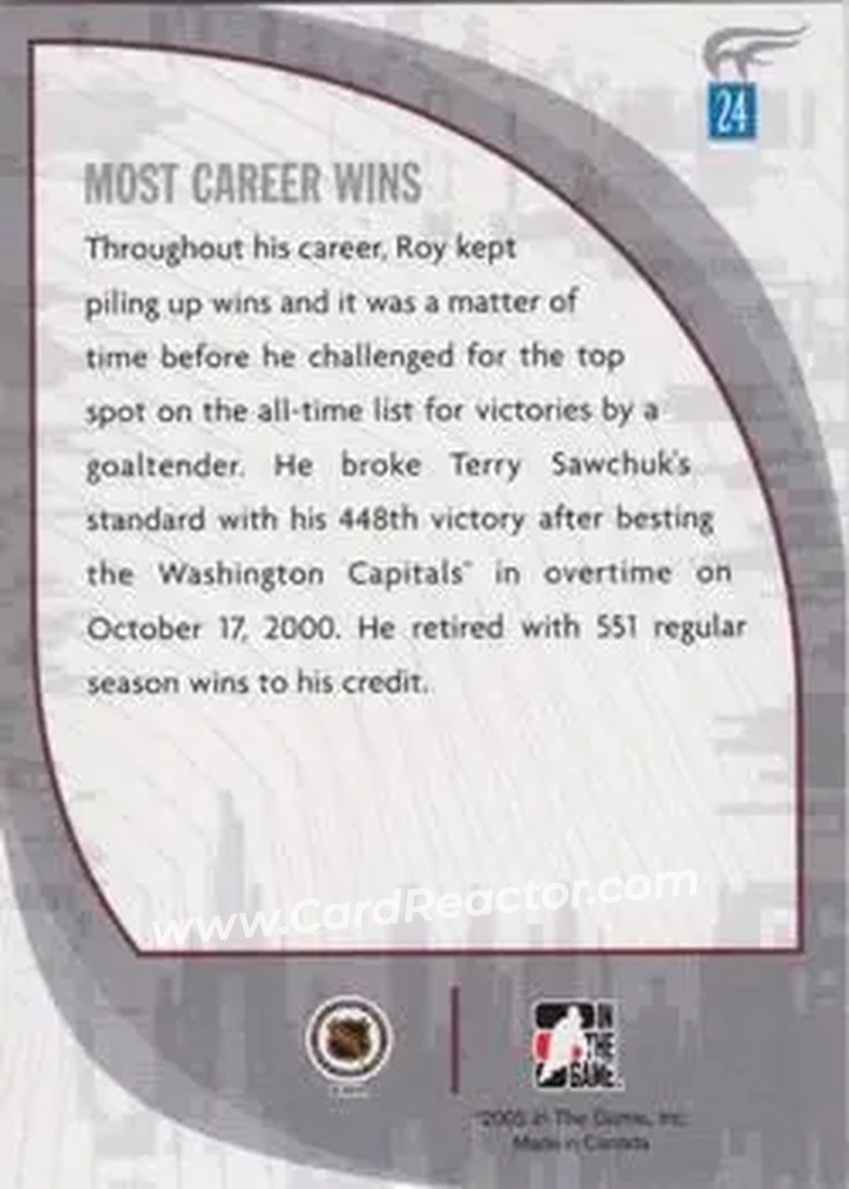 2005-06 In The Game Passing the Torch #24 - Patrick Roy - Colorado Avalanche - Back 2005-06 In The Game Passing the Torch #24 - Patrick Roy - Colorado Avalanche - Back