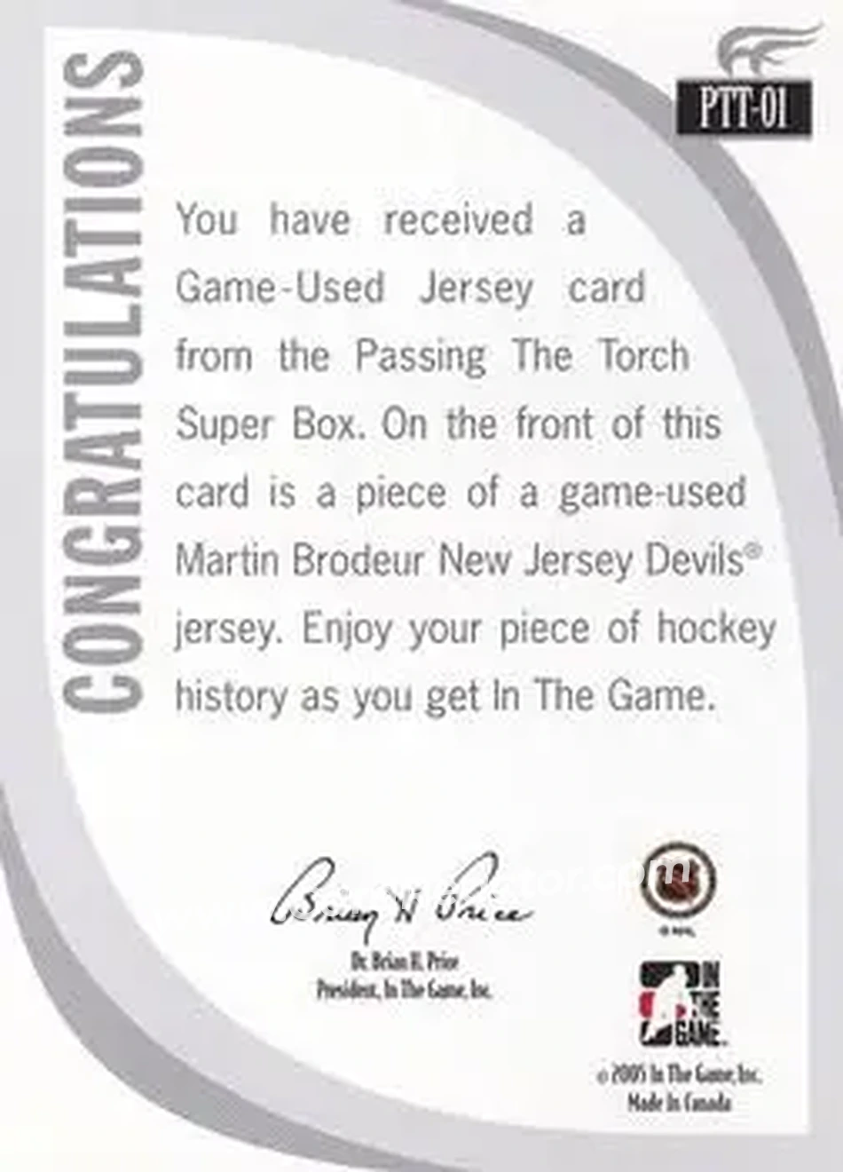 2005-06 In The Game Passing the Torch - Game-Used Memorabilia #PTT-01 - Martin Brodeur - New Jersey Devils - Back