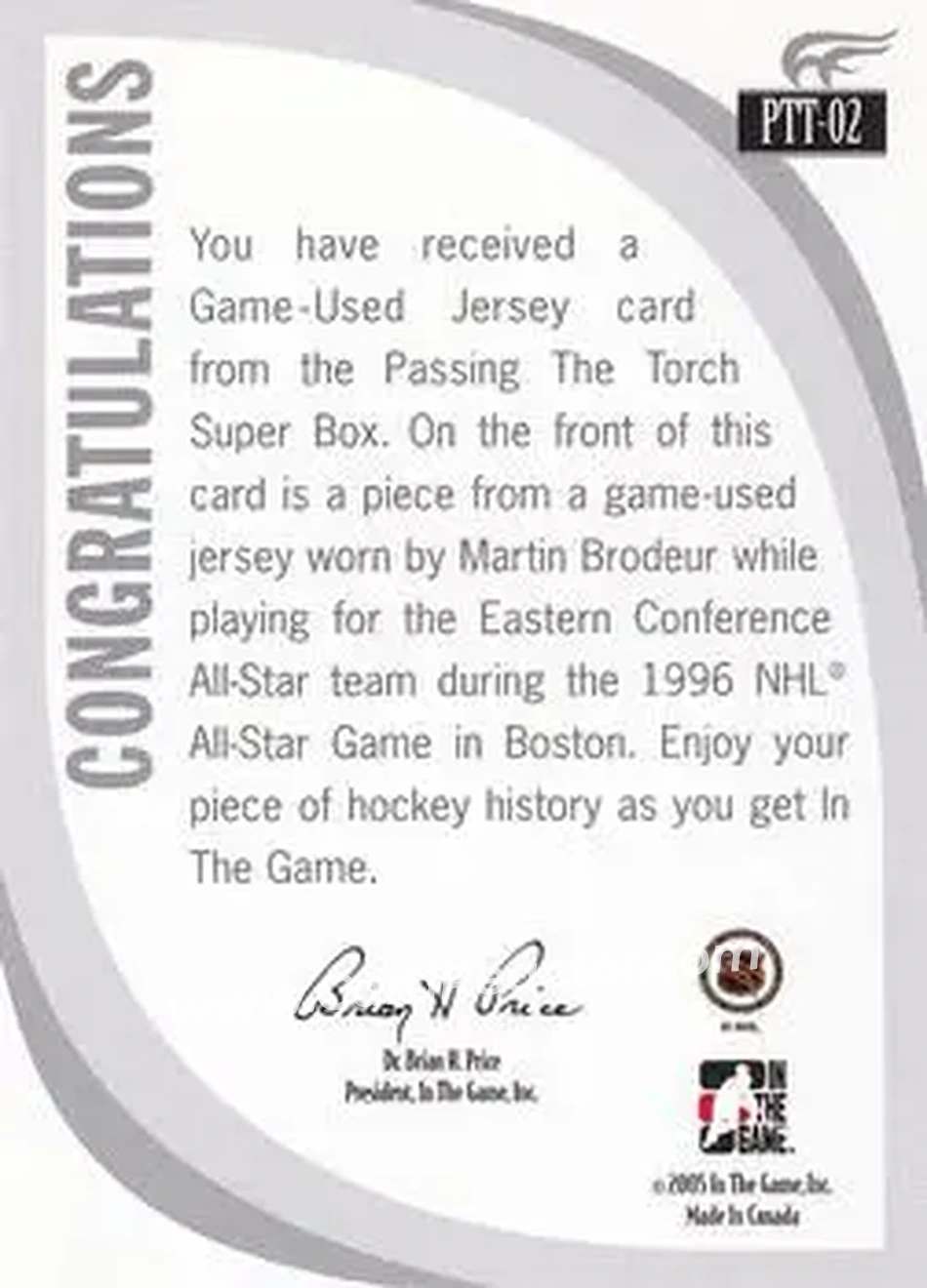 2005-06 In The Game Passing the Torch - Game-Used Memorabilia #PTT-02 - Martin Brodeur - New Jersey Devils - Back