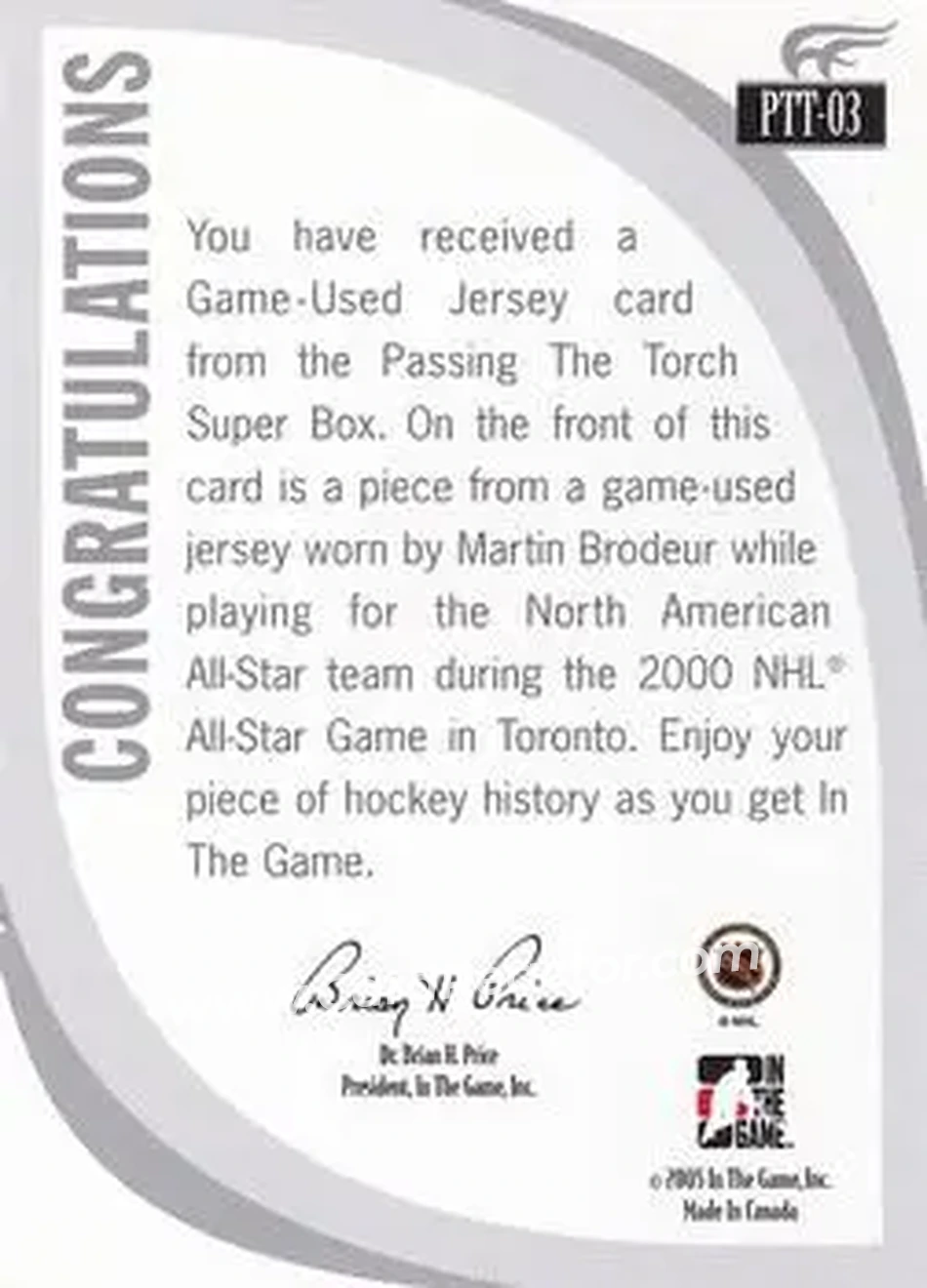 2005-06 In The Game Passing the Torch - Game-Used Memorabilia #PTT-03 - Martin Brodeur - New Jersey Devils - Back
