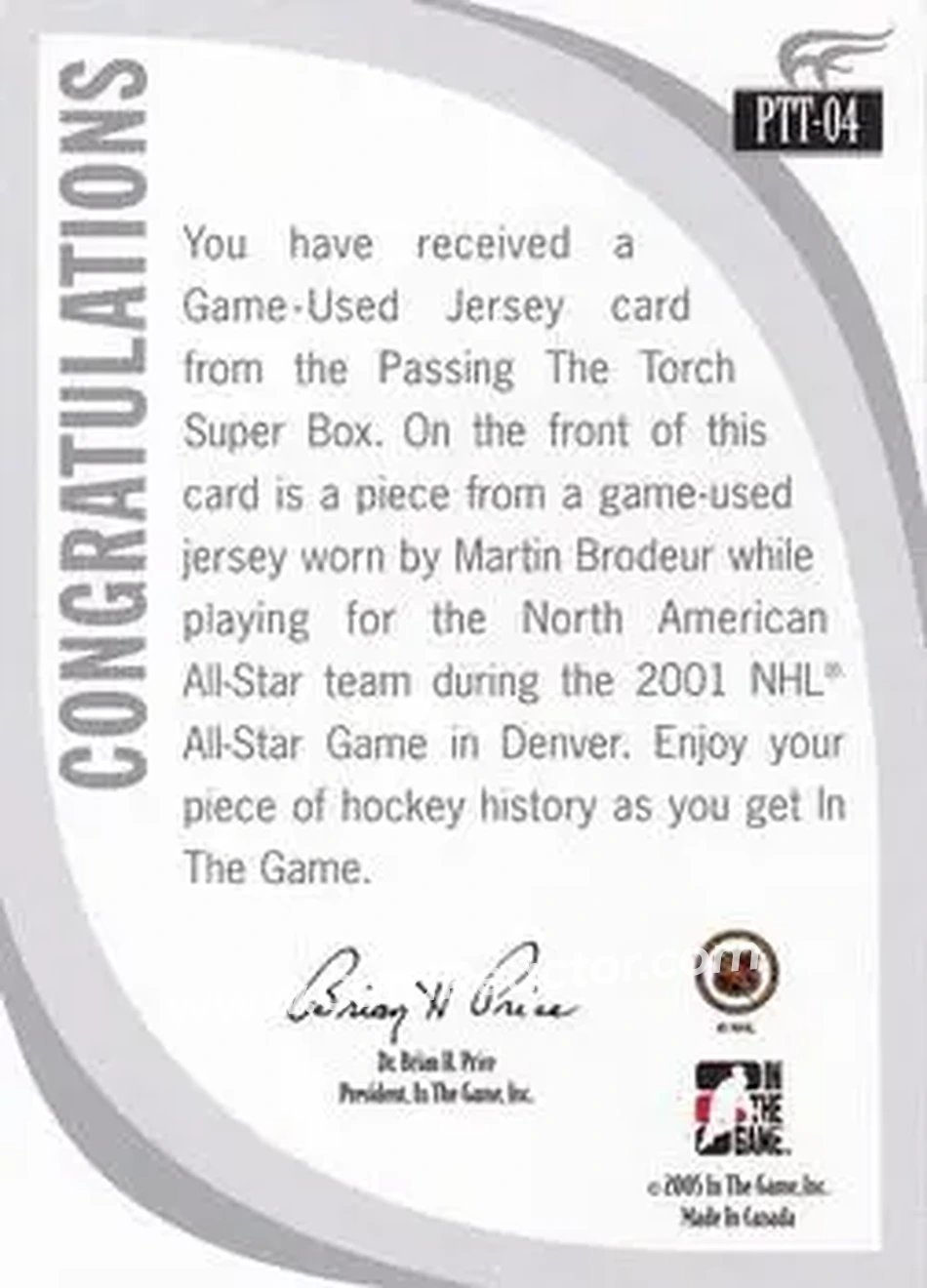 2005-06 In The Game Passing the Torch - Game-Used Memorabilia #PTT-04 - Martin Brodeur - New Jersey Devils - Back