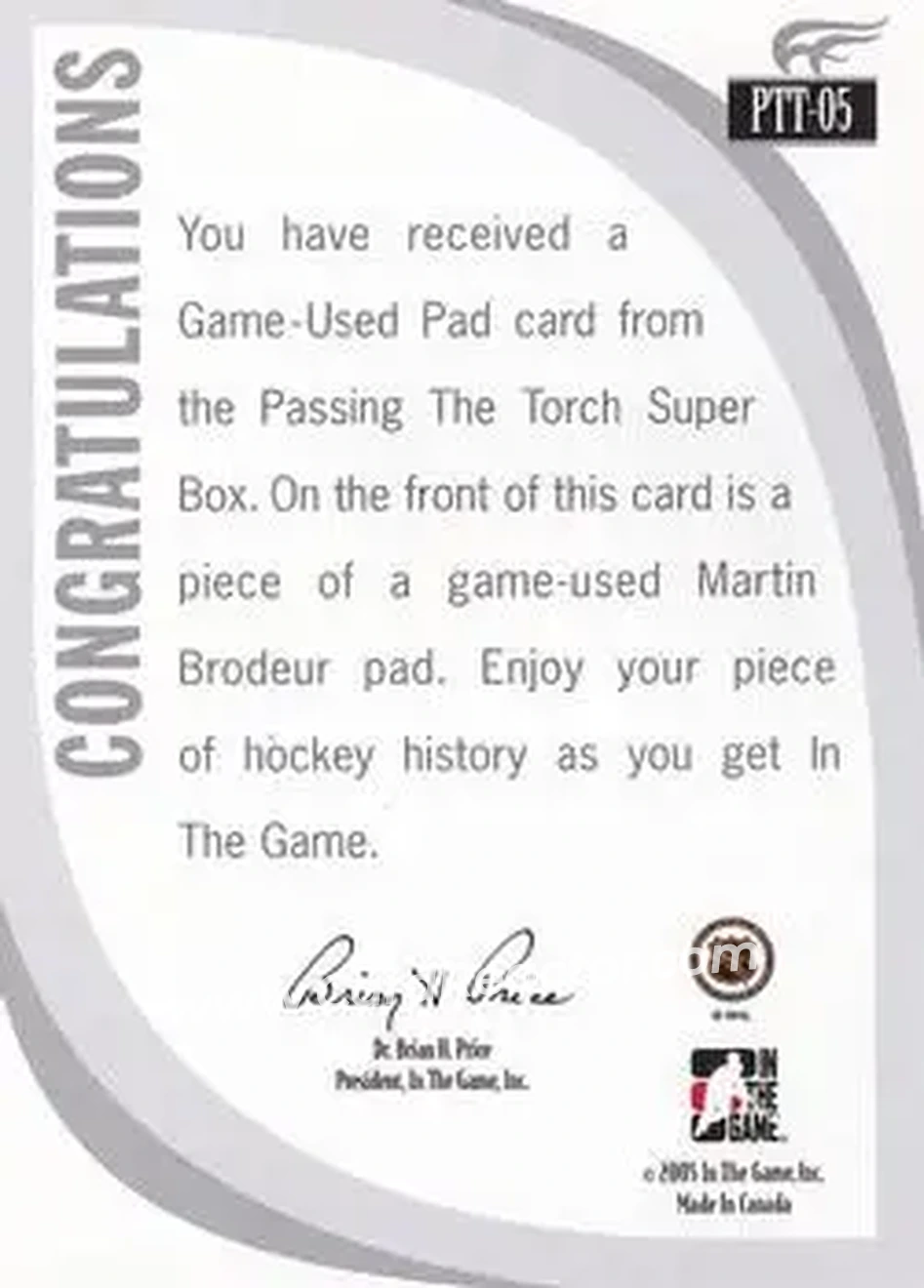 2005-06 In The Game Passing the Torch - Game-Used Memorabilia #PTT-05 - Martin Brodeur - New Jersey Devils - Back
