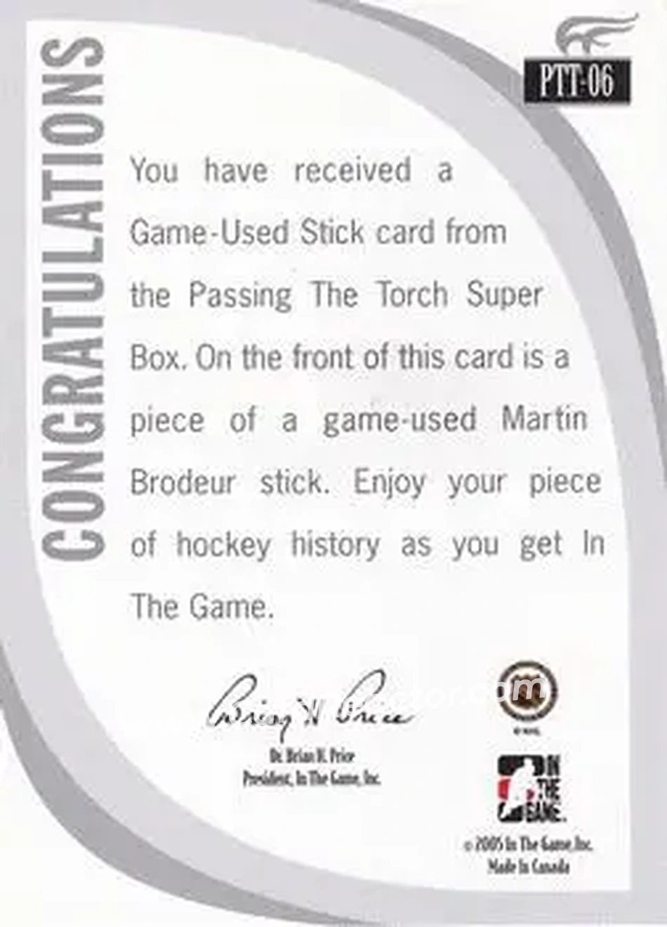 2005-06 In The Game Passing the Torch - Game-Used Memorabilia #PTT-06 - Martin Brodeur - New Jersey Devils - Back