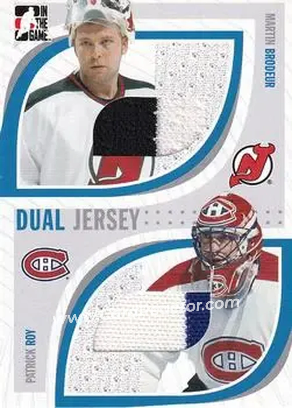 2005-06 In The Game Passing the Torch - Game-Used Memorabilia #PTT-15 - Martin Brodeur - Patrick Roy MEM, PR100 - New Jersey Devils - Montreal Canadiens - Front