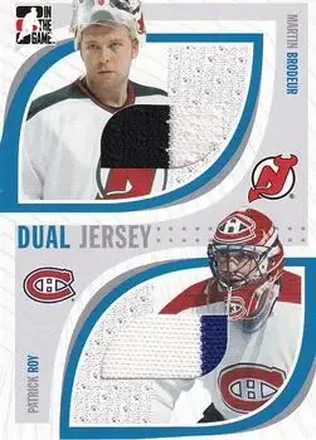 2005-06 In The Game Passing the Torch #PTT-15 Game-Used Memorabilia Martin Brodeur - Patrick Roy MEM, PR100 - New Jersey Devils - Montreal Canadiens