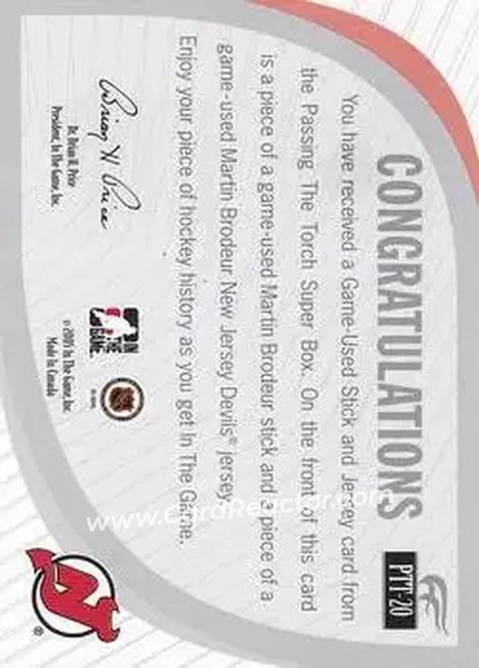 2005-06 In The Game Passing the Torch - Game-Used Memorabilia #PTT-20 - Martin Brodeur - New Jersey Devils - Back