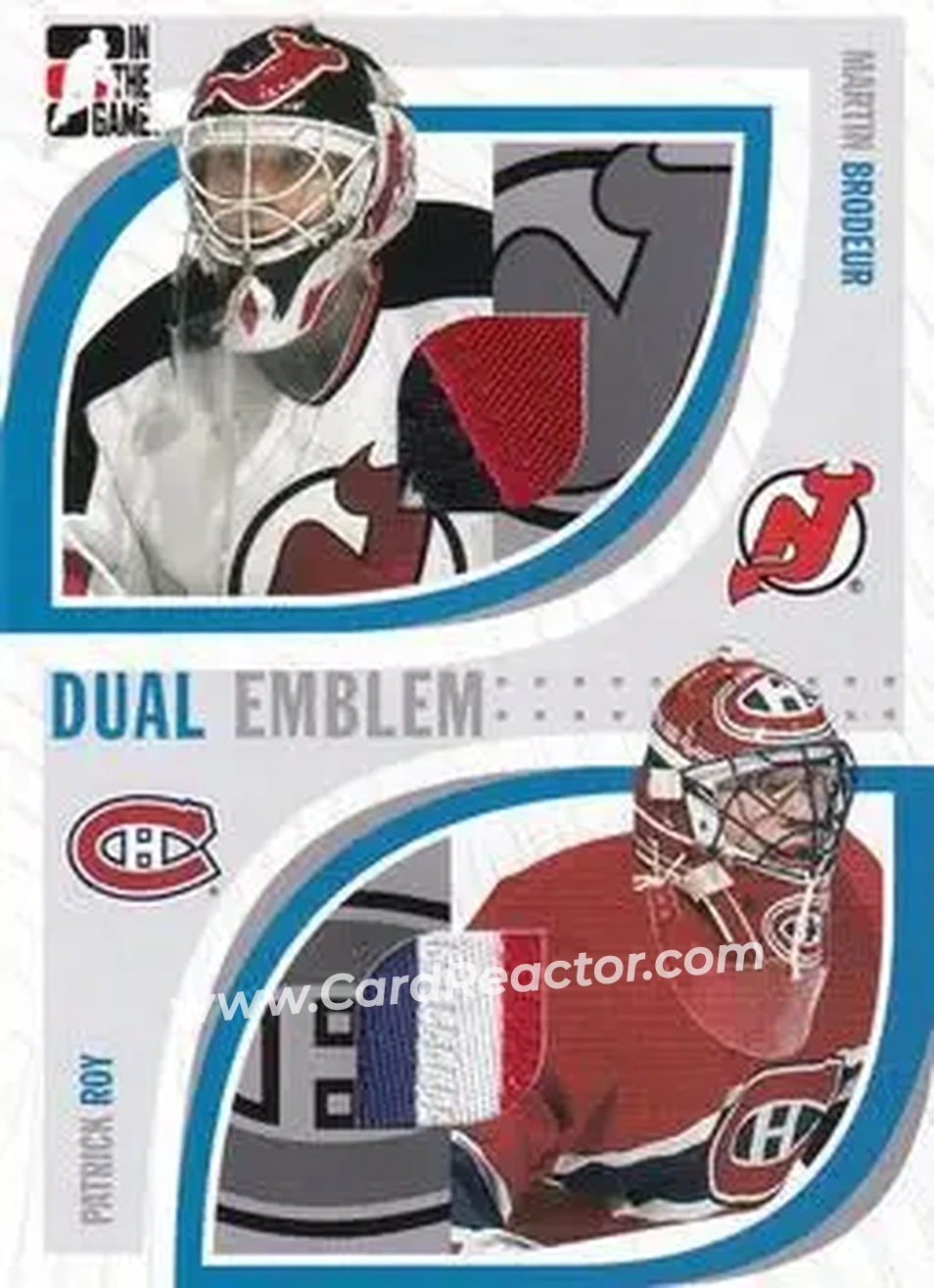 2005-06 In The Game Passing the Torch - Game-Used Memorabilia #PTT-23 - Martin Brodeur - Patrick Roy MEM, PR20 - New Jersey Devils - Montreal Canadiens - Front