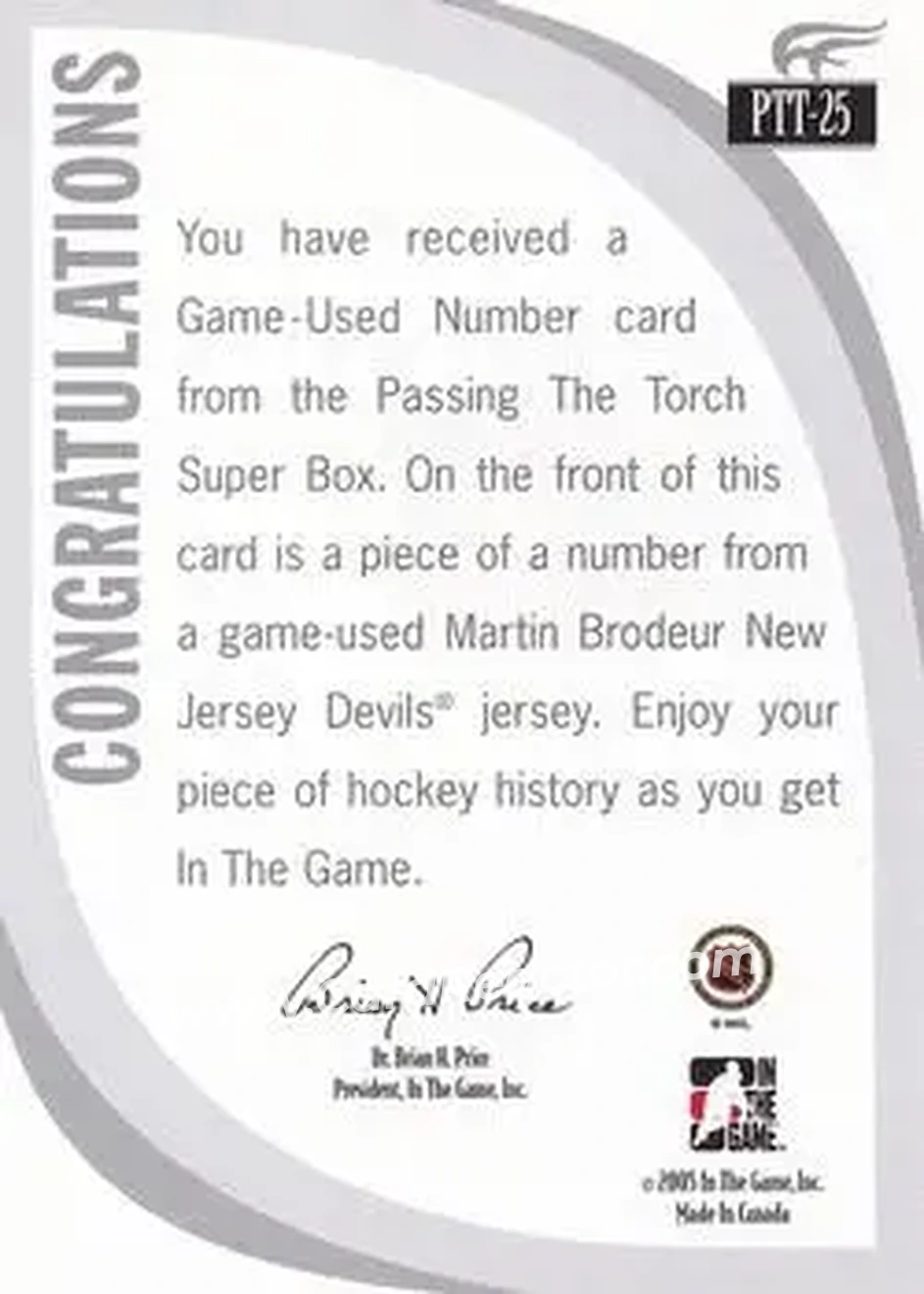 2005-06 In The Game Passing the Torch - Game-Used Memorabilia #PTT-25 - Martin Brodeur - New Jersey Devils - Back