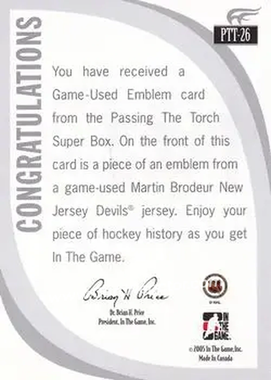 2005-06 In The Game Passing the Torch - Game-Used Memorabilia #PTT-26 - Martin Brodeur - New Jersey Devils - Back