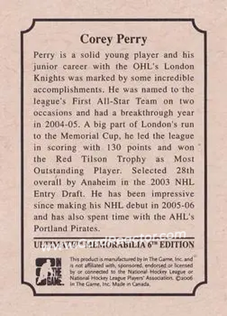 2005-06 In The Game Ultimate Memorabilia Level 2 #NNO - Corey Perry - Back