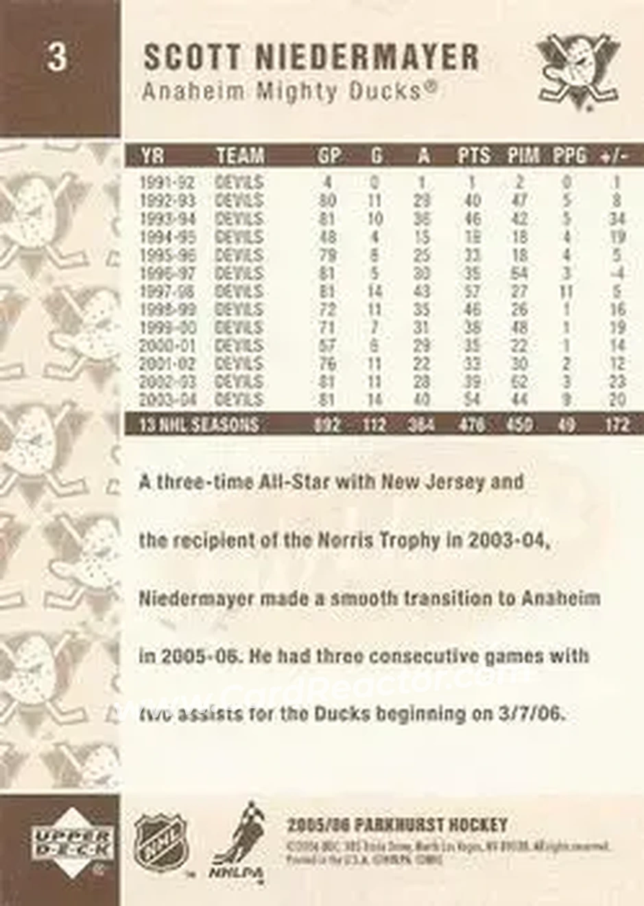 2005-06 Parkhurst #3 - Scott Niedermayer - Anaheim Mighty Ducks - Back
