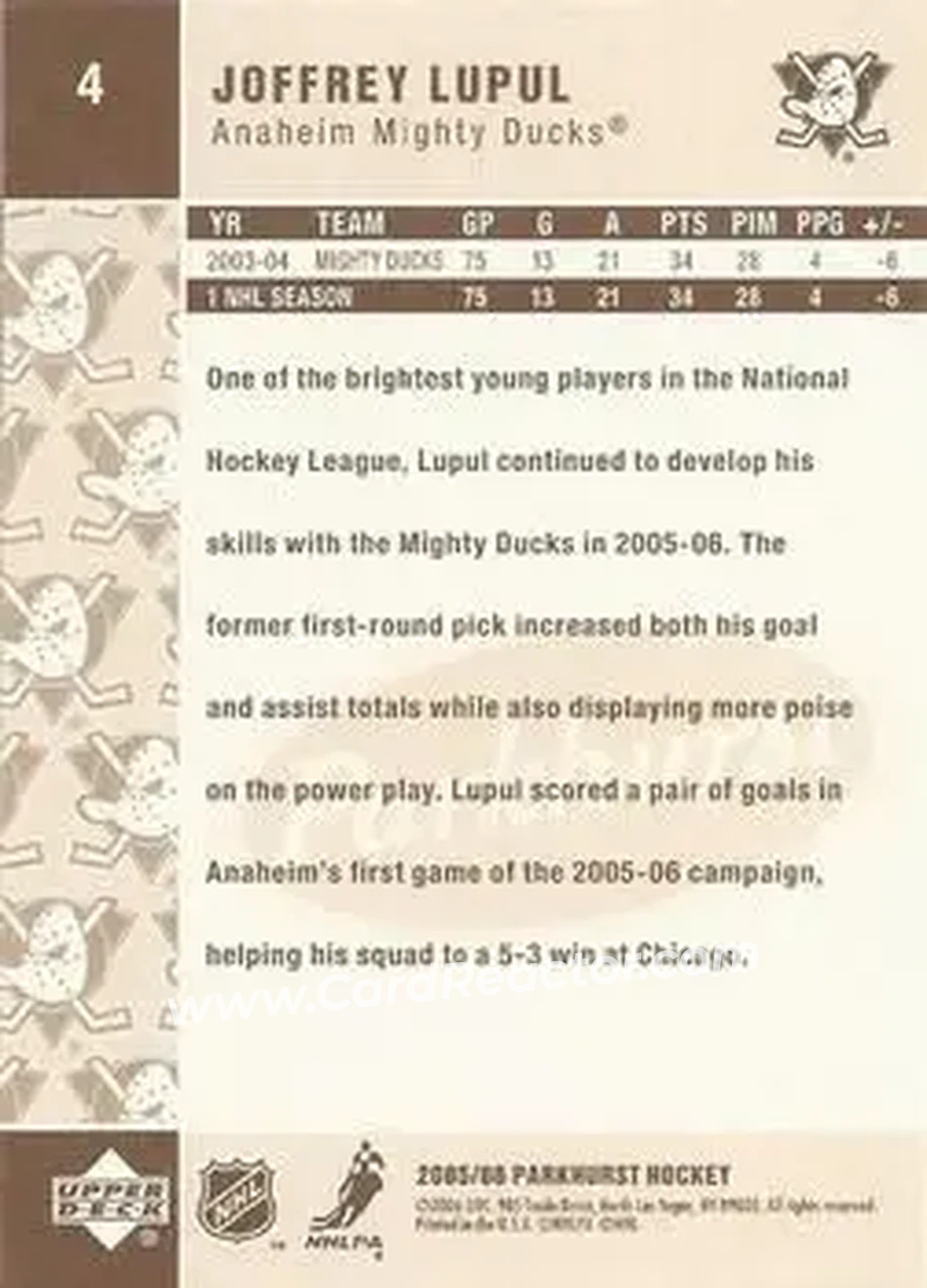 2005-06 Parkhurst #4 - Joffrey Lupul - Anaheim Mighty Ducks - Back 2005-06 Parkhurst #4 - Joffrey Lupul - Anaheim Mighty Ducks - Back