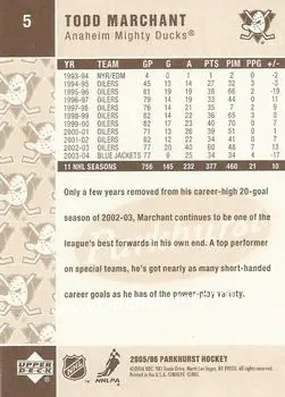 2005-06 Parkhurst #5 - Todd Marchant - Anaheim Mighty Ducks - Back 2005-06 Parkhurst #5 - Todd Marchant - Anaheim Mighty Ducks - Back