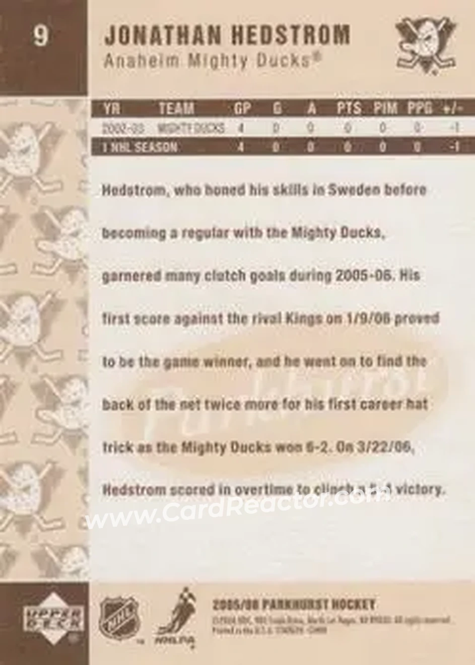2005-06 Parkhurst #9 - Jonathan Hedstrom - Anaheim Mighty Ducks - Back 2005-06 Parkhurst #9 - Jonathan Hedstrom - Anaheim Mighty Ducks - Back