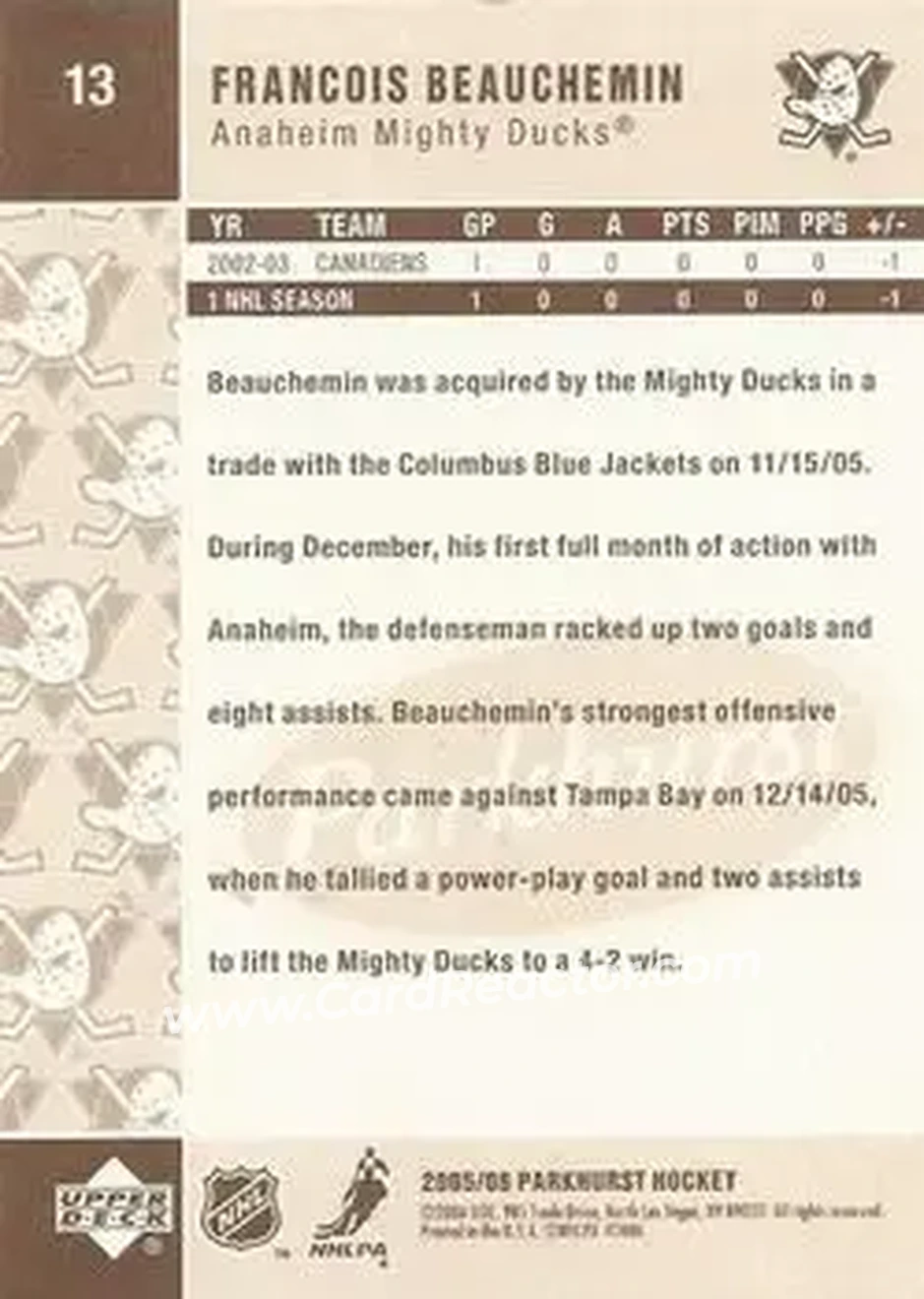 2005-06 Parkhurst #13 - Francois Beauchemin - Anaheim Mighty Ducks - Back