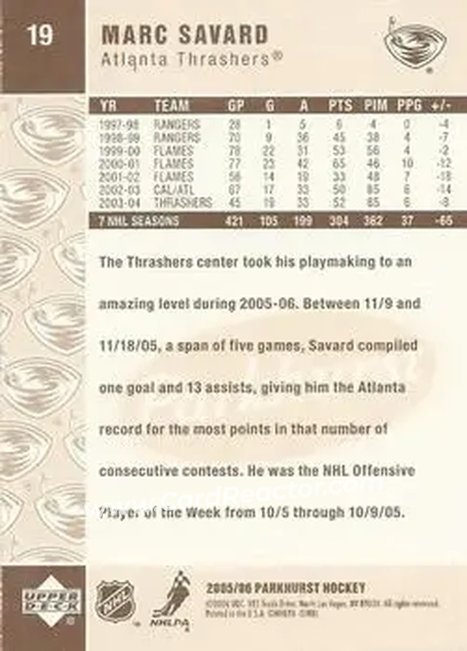 2005-06 Parkhurst #19 - Marc Savard - Atlanta Thrashers - Back 2005-06 Parkhurst #19 - Marc Savard - Atlanta Thrashers - Back