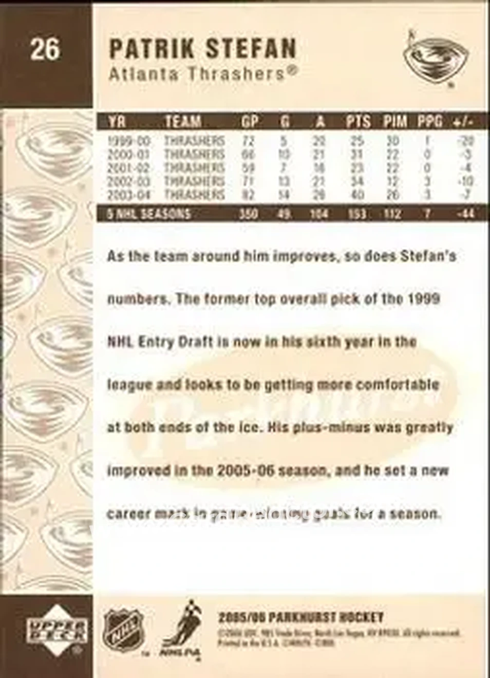 2005-06 Parkhurst #26 - Patrik Stefan - Atlanta Thrashers - Back 2005-06 Parkhurst #26 - Patrik Stefan - Atlanta Thrashers - Back