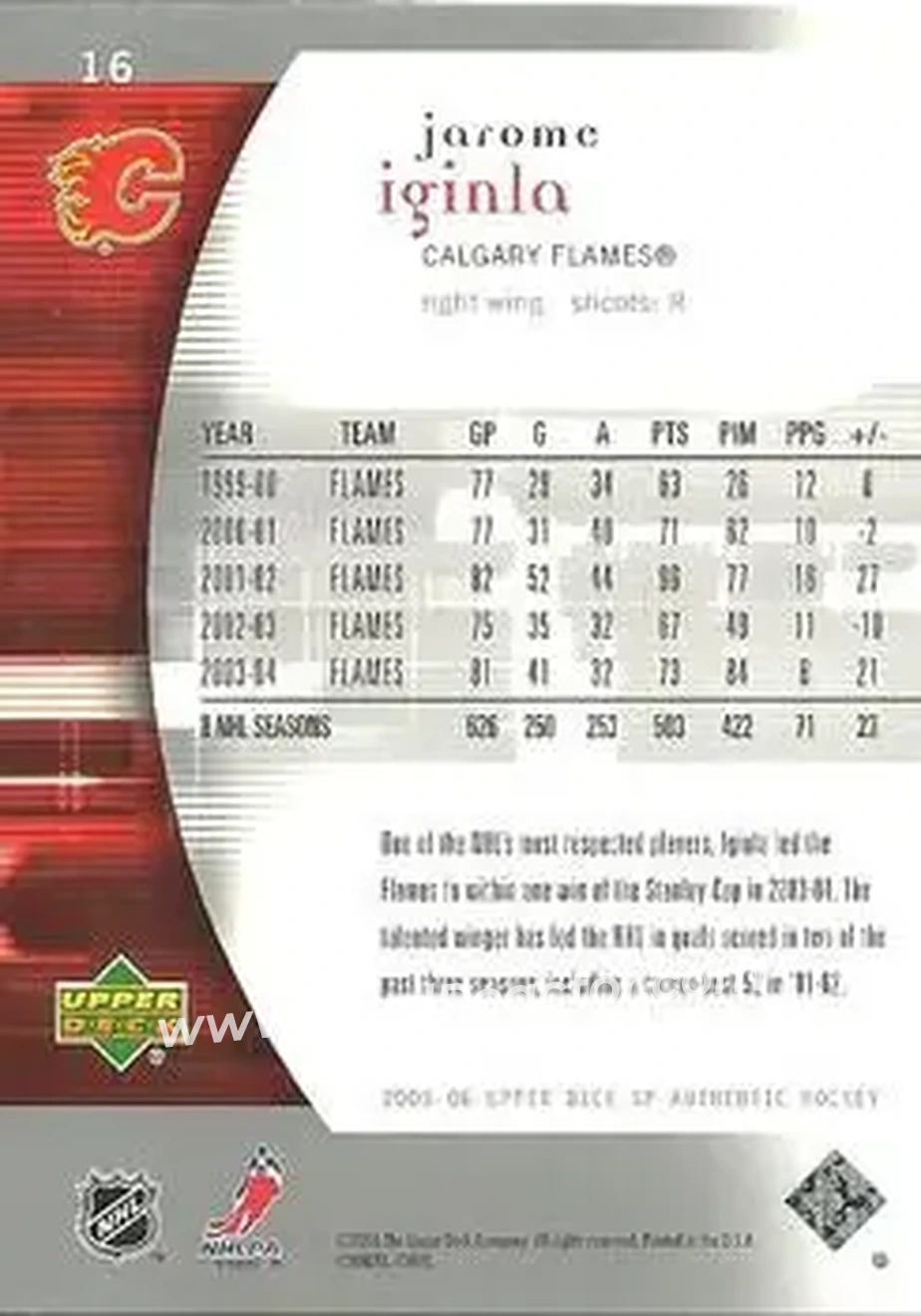 2005-06 SP Authentic #16 - Jarome Iginla - Calgary Flames - Back 2005-06 SP Authentic #16 - Jarome Iginla - Calgary Flames - Back