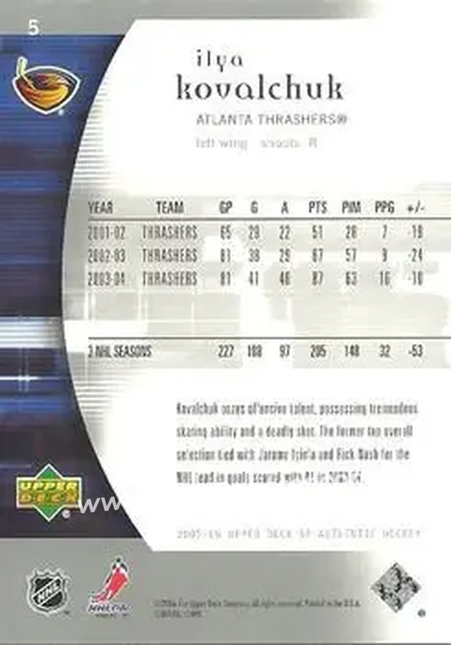 2005-06 SP Authentic #5 - Ilya Kovalchuk - Atlanta Thrashers - Back