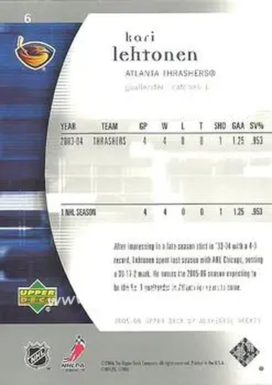 2005-06 SP Authentic #6 - Kari Lehtonen - Atlanta Thrashers - Back