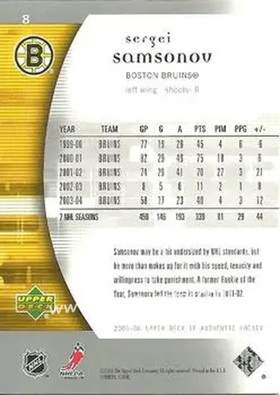 2005-06 SP Authentic #8 - Sergei Samsonov - Boston Bruins - Back
