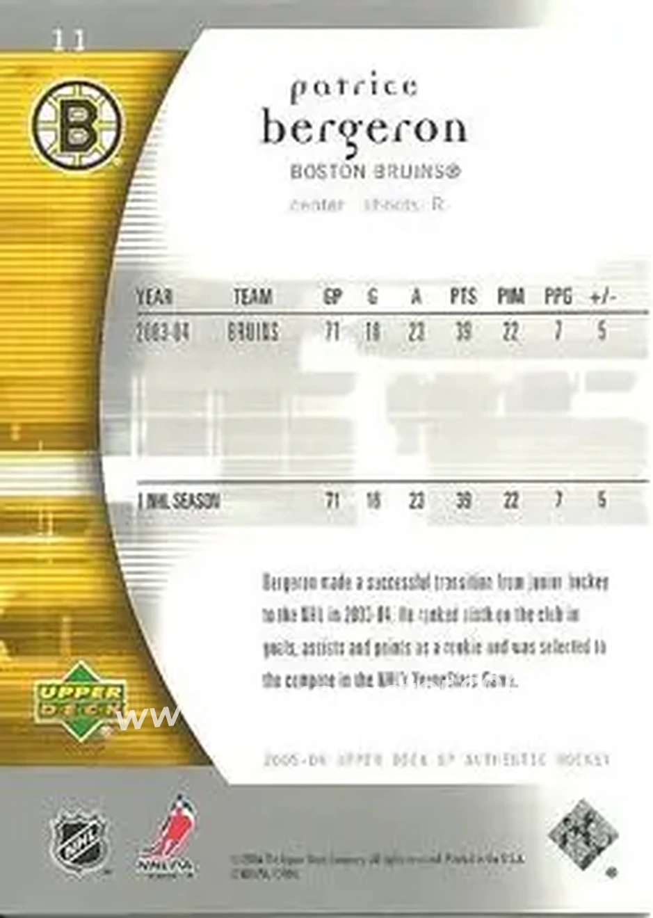 2005-06 SP Authentic #11 - Patrice Bergeron - Boston Bruins - Back