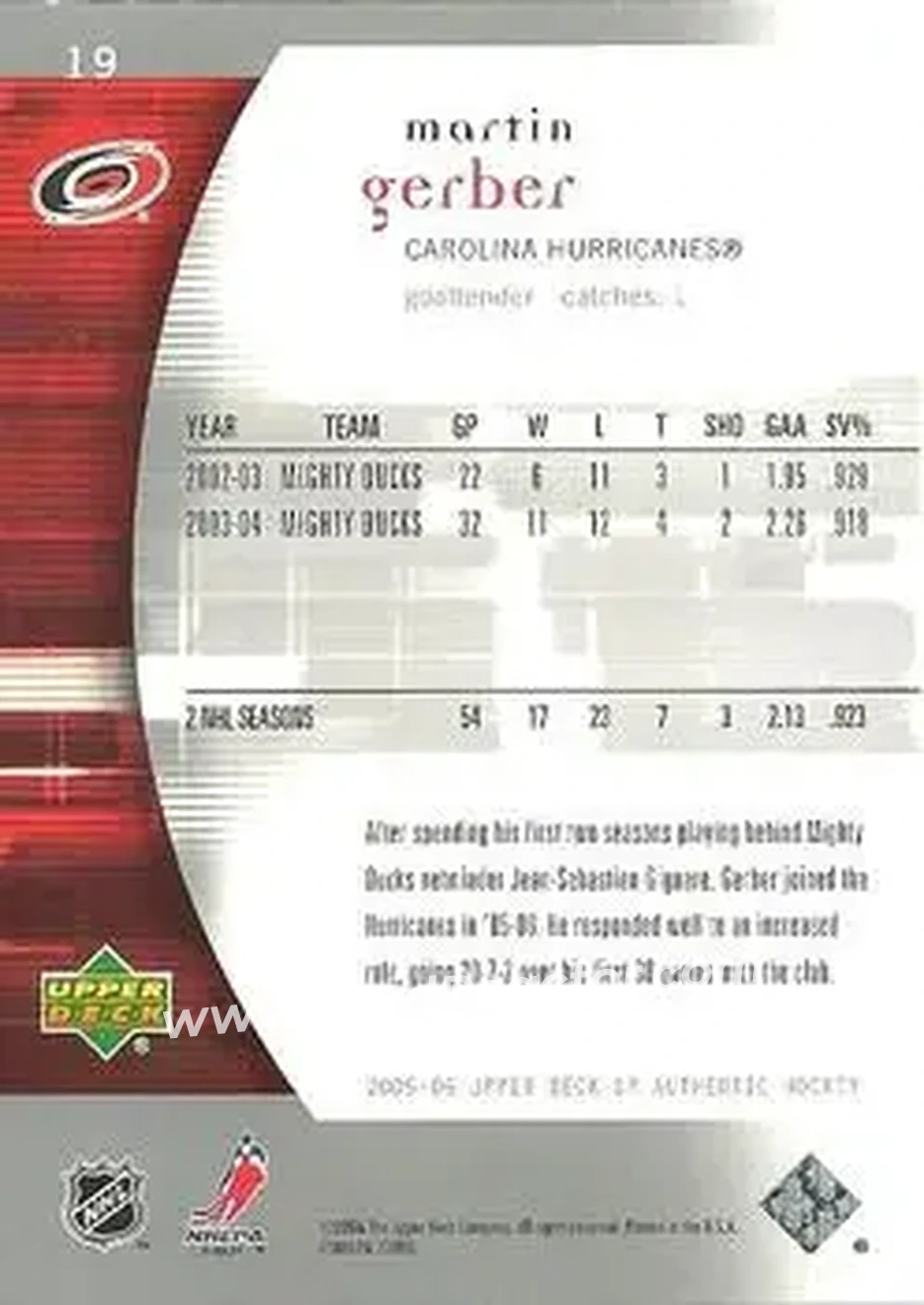 2005-06 SP Authentic #19 - Martin Gerber - Carolina Hurricanes - Back