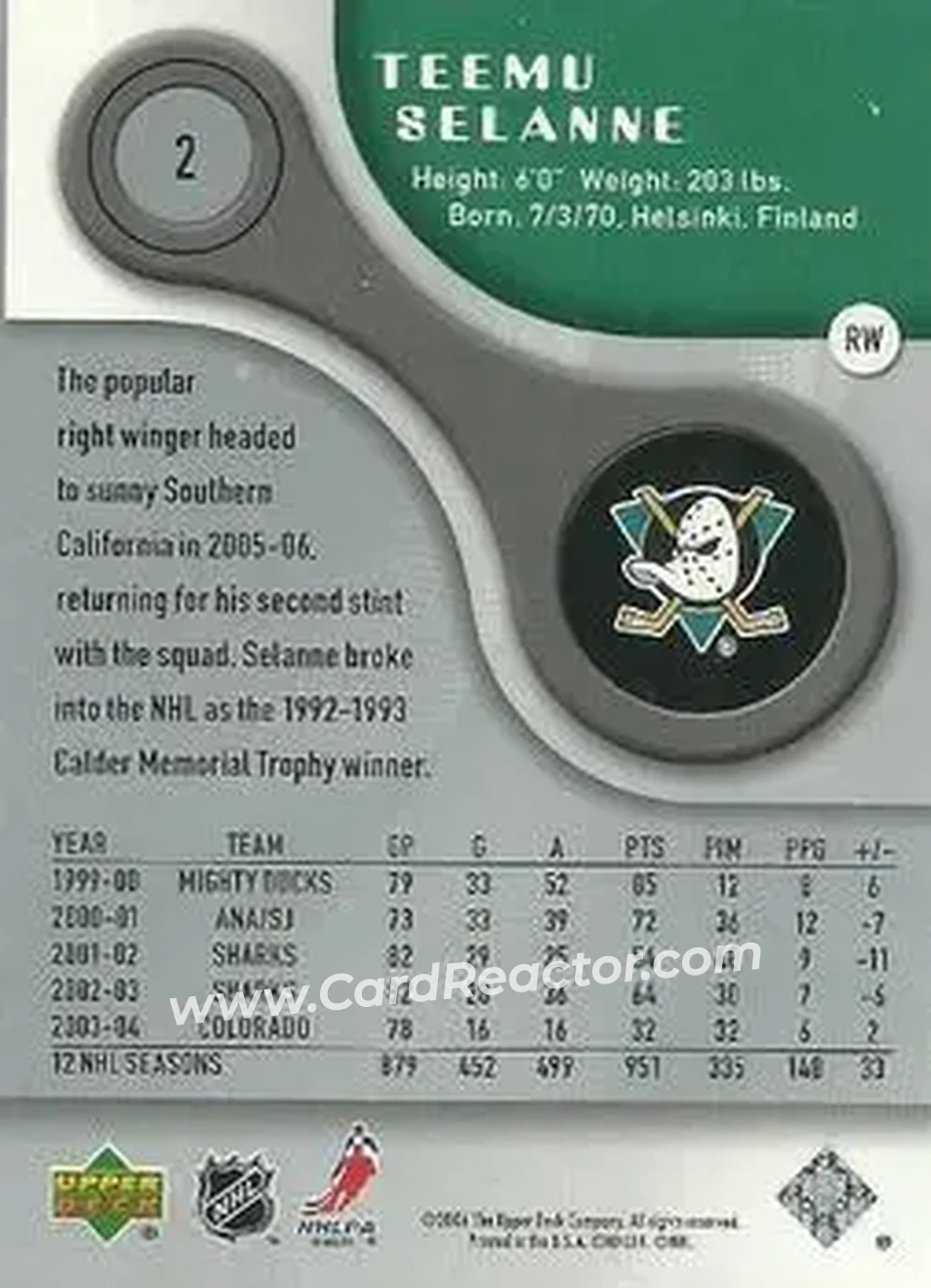 2005-06 SP Game Used #2 - Teemu Selanne - Anaheim Mighty Ducks - Back 2005-06 SP Game Used #2 - Teemu Selanne - Anaheim Mighty Ducks - Back