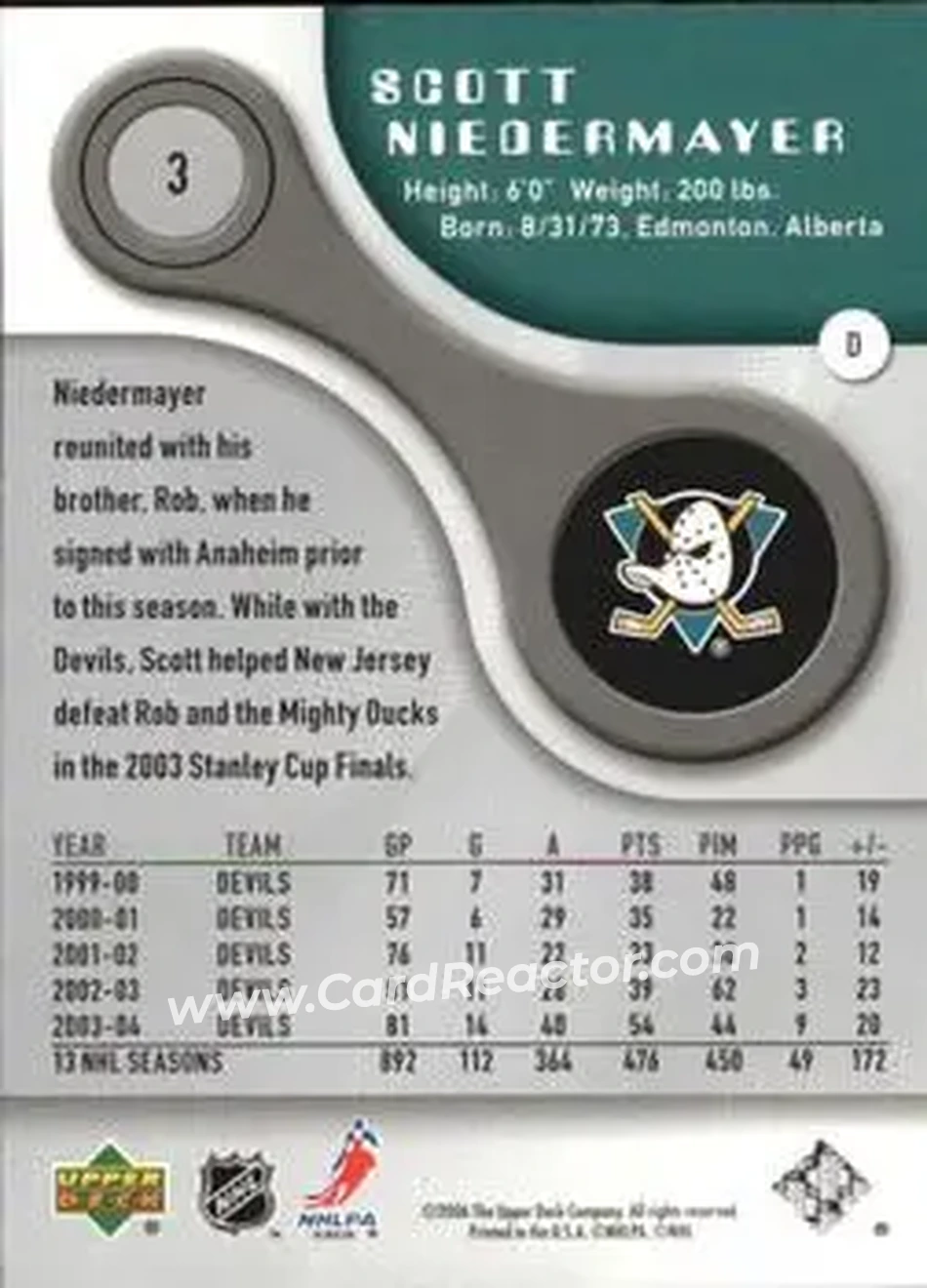 2005-06 SP Game Used #3 - Scott Niedermayer - Anaheim Mighty Ducks - Back 2005-06 SP Game Used #3 - Scott Niedermayer - Anaheim Mighty Ducks - Back