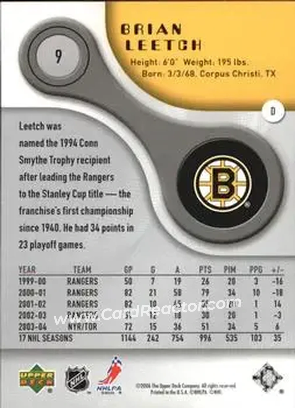 2005-06 SP Game Used #9 - Brian Leetch - Boston Bruins - Back