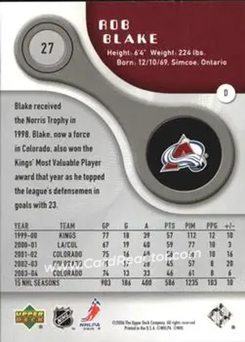 2005-06 SP Game Used #27 - Rob Blake - Colorado Avalanche - Back