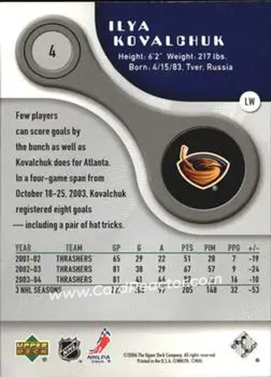 2005-06 SP Game Used #4 - Ilya Kovalchuk - Atlanta Thrashers - Back 2005-06 SP Game Used #4 - Ilya Kovalchuk - Atlanta Thrashers - Back