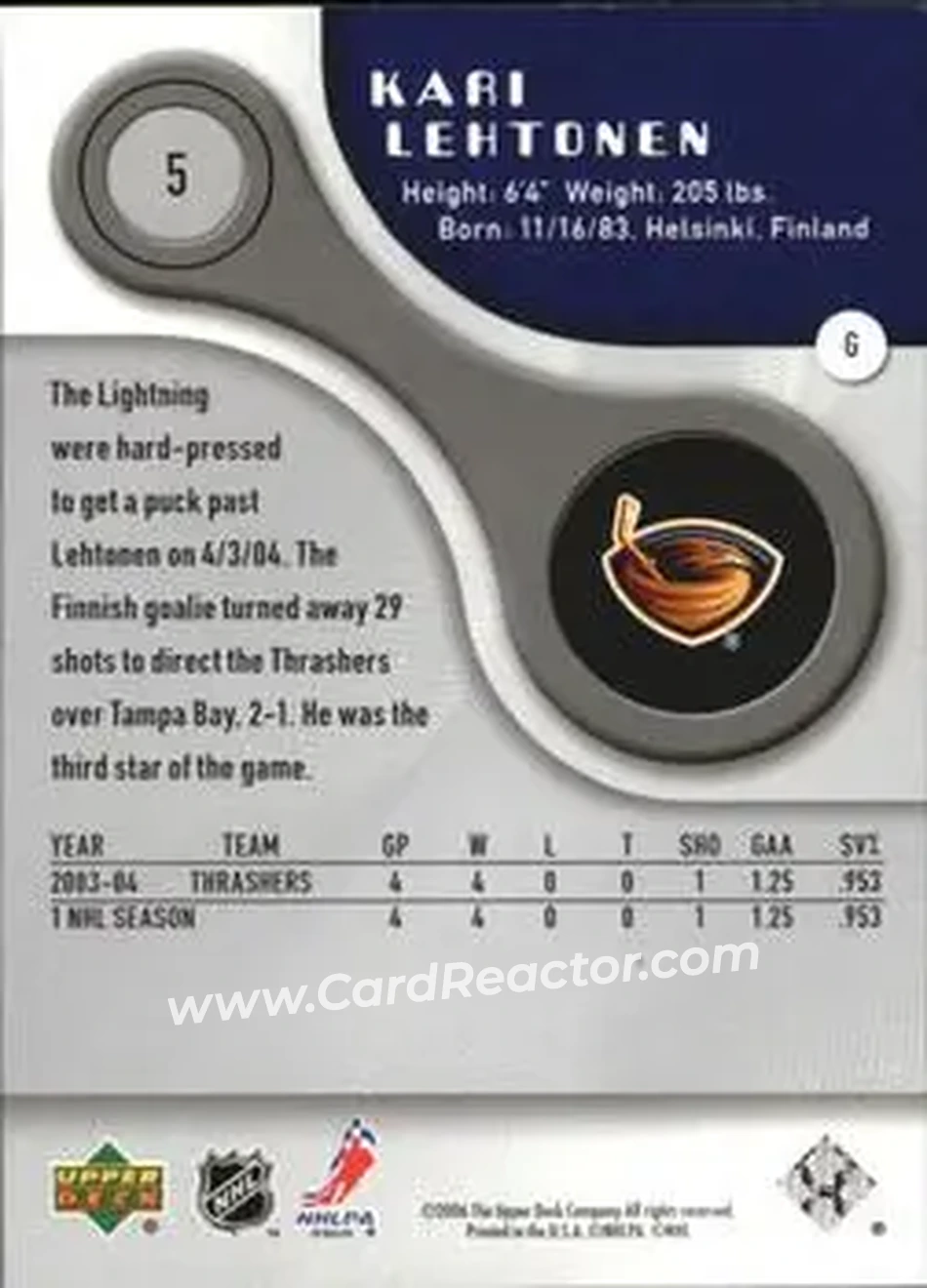 2005-06 SP Game Used #5 - Kari Lehtonen - Atlanta Thrashers - Back