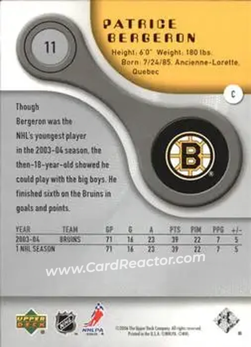 2005-06 SP Game Used #11 - Patrice Bergeron - Boston Bruins - Back 2005-06 SP Game Used #11 - Patrice Bergeron - Boston Bruins - Back