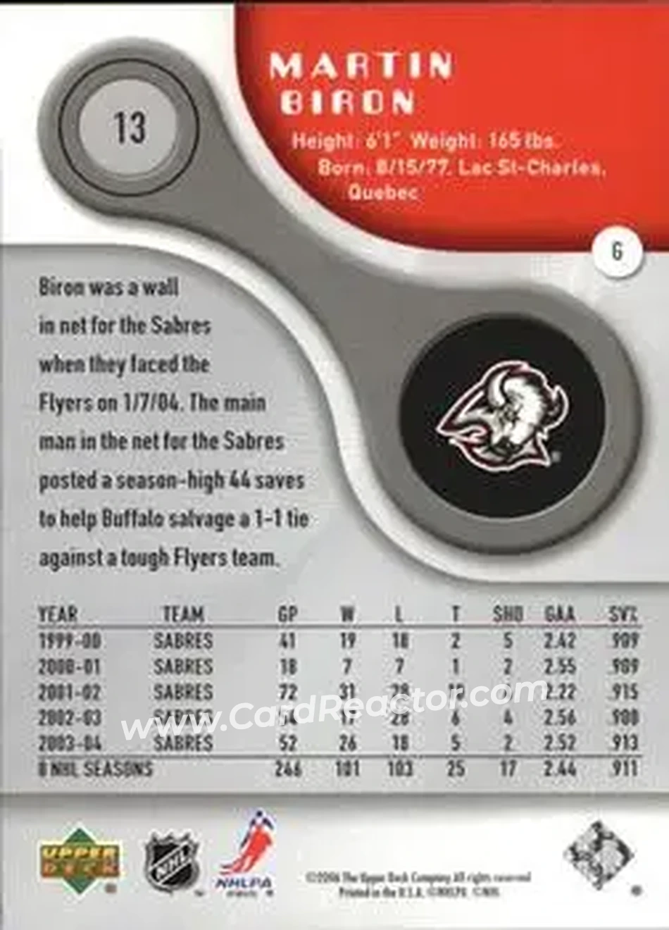 2005-06 SP Game Used #13 - Martin Biron - Buffalo Sabres - Back 2005-06 SP Game Used #13 - Martin Biron - Buffalo Sabres - Back