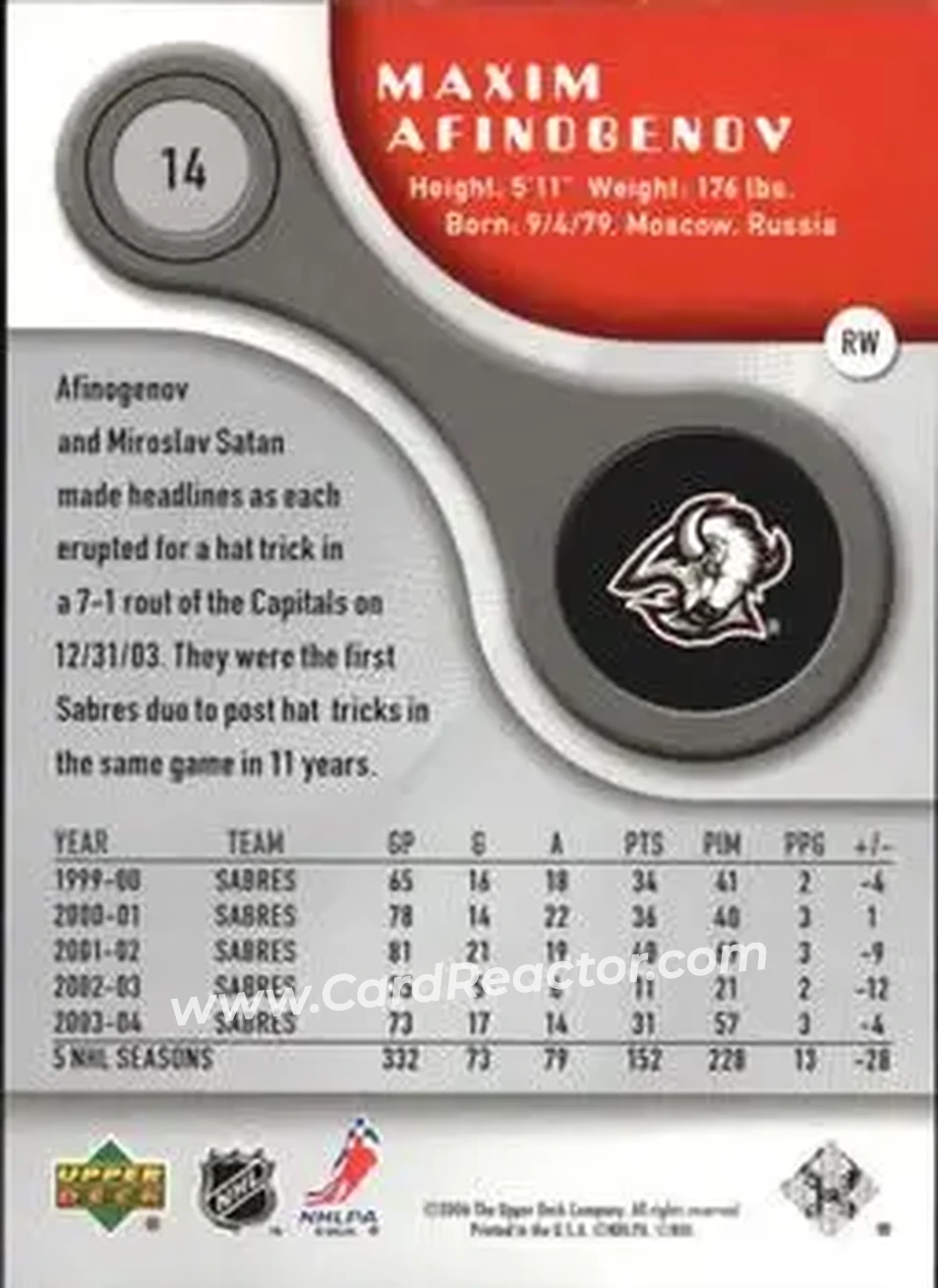 2005-06 SP Game Used #14 - Maxim Afinogenov - Buffalo Sabres - Back 2005-06 SP Game Used #14 - Maxim Afinogenov - Buffalo Sabres - Back