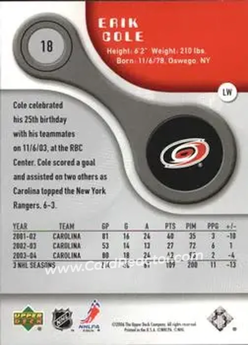 2005-06 SP Game Used #18 - Erik Cole - Carolina Hurricanes - Back 2005-06 SP Game Used #18 - Erik Cole - Carolina Hurricanes - Back