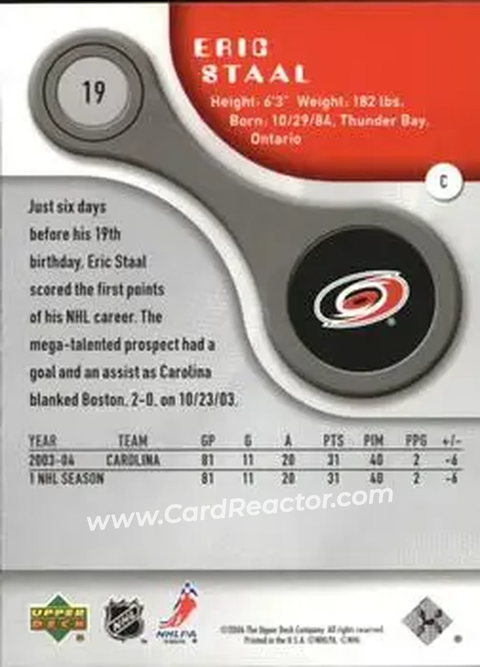 2005-06 SP Game Used #19 - Eric Staal - Carolina Hurricanes - Back