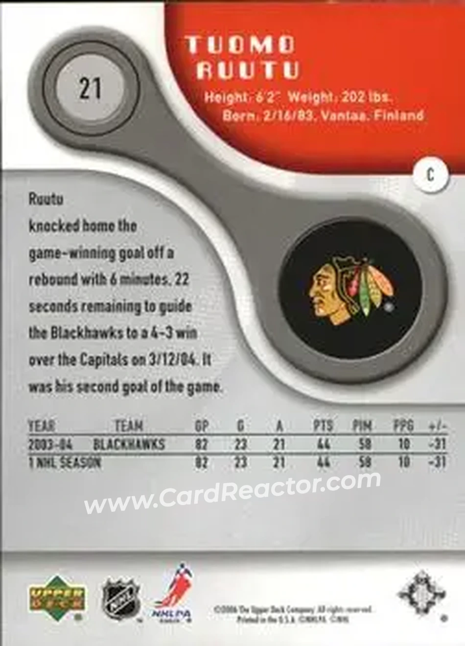 2005-06 SP Game Used #21 - Tuomo Ruutu - Chicago Blackhawks - Back