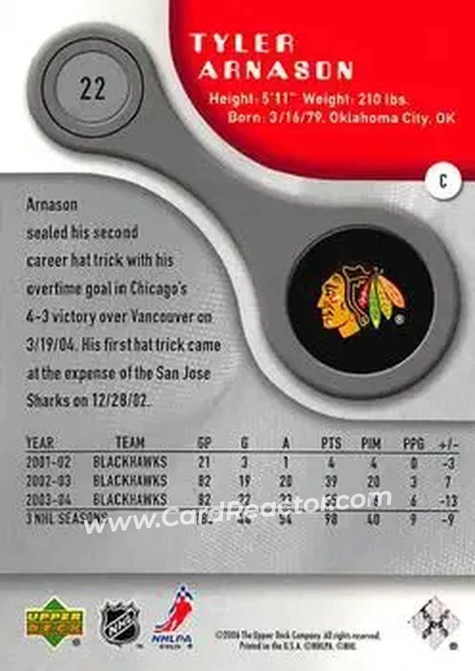 2005-06 SP Game Used #22 - Tyler Arnason - Chicago Blackhawks - Back
