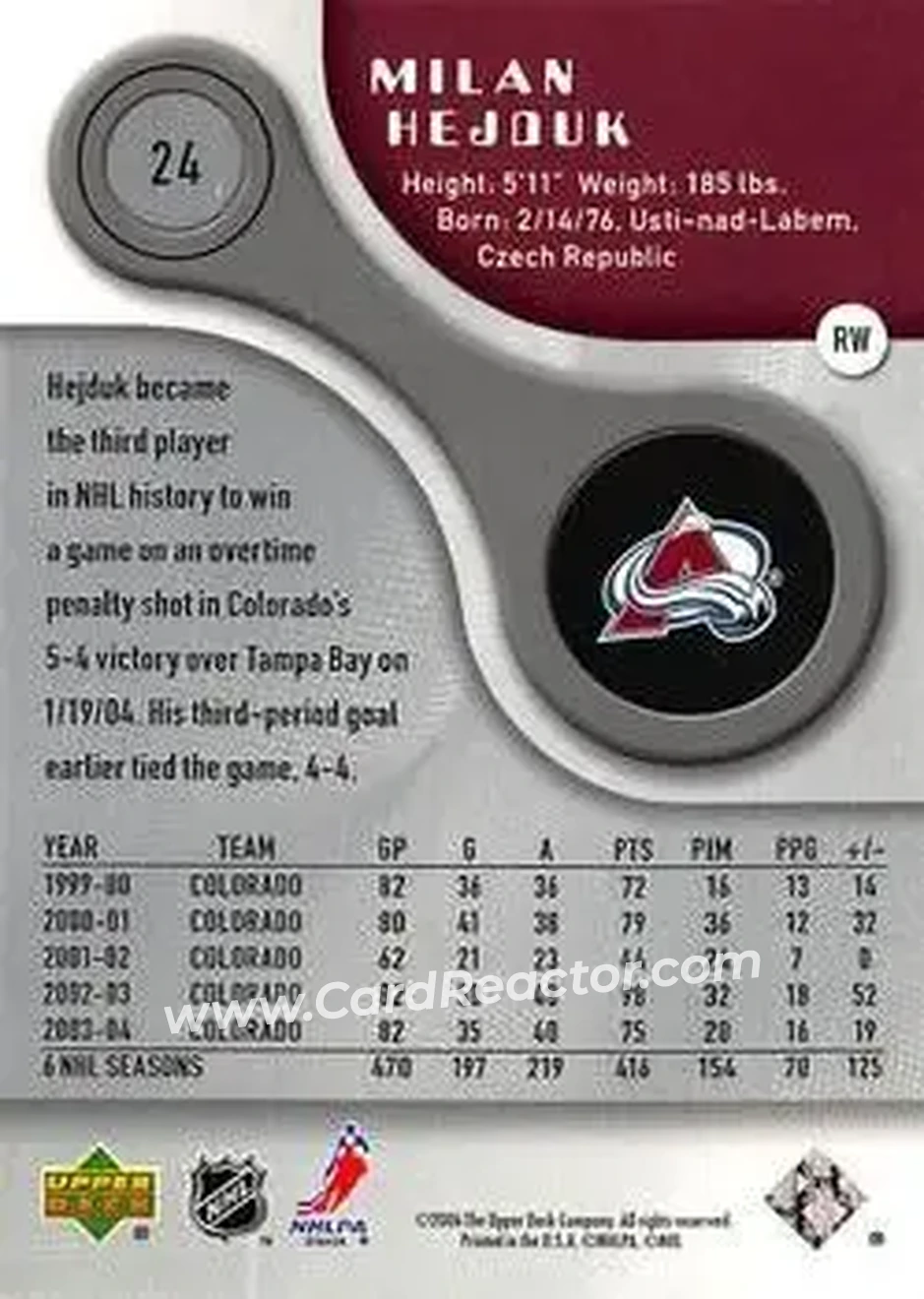 2005-06 SP Game Used #24 - Milan Hejduk - Colorado Avalanche - Back 2005-06 SP Game Used #24 - Milan Hejduk - Colorado Avalanche - Back