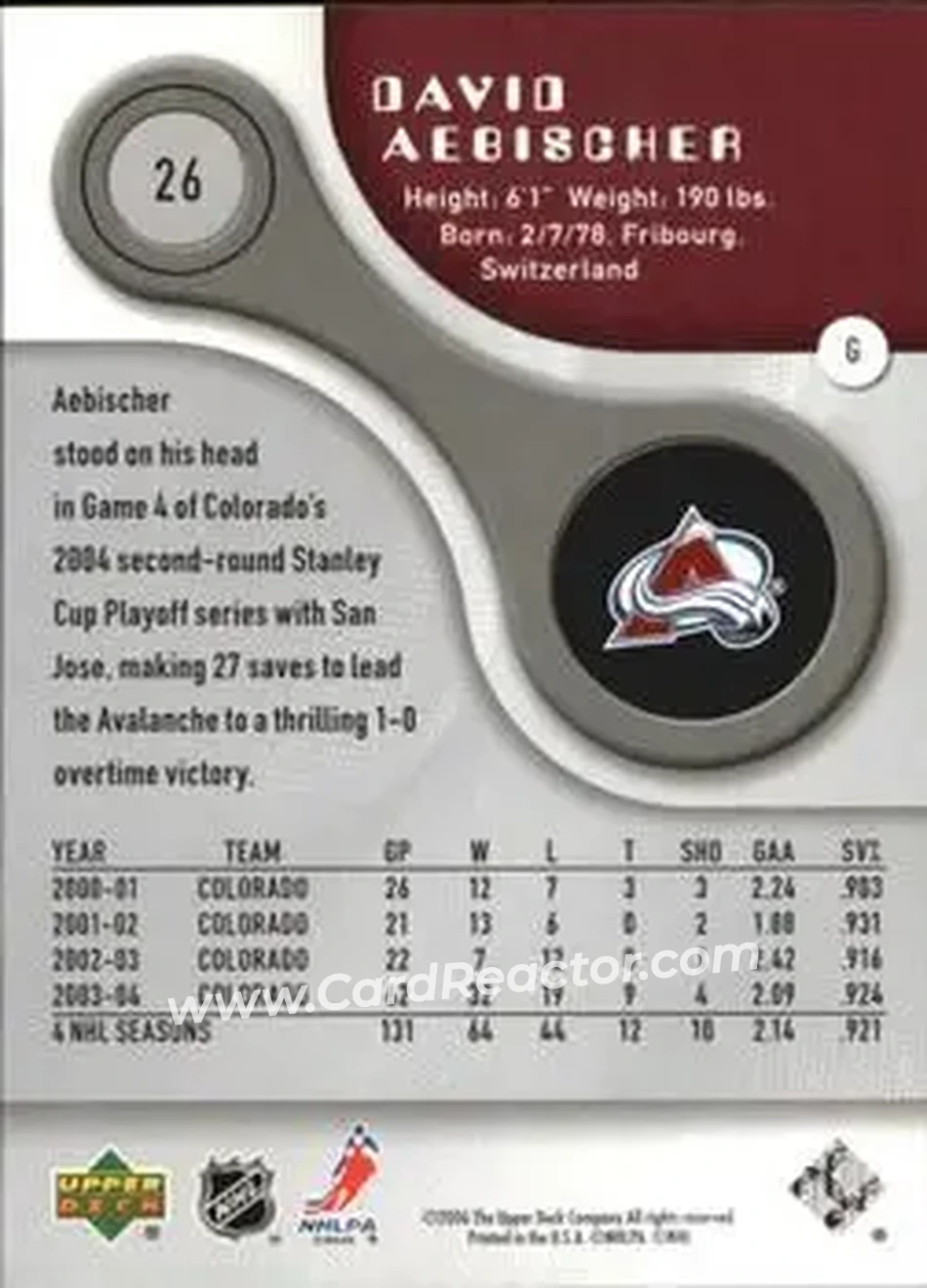 2005-06 SP Game Used #26 - David Aebischer - Colorado Avalanche - Back