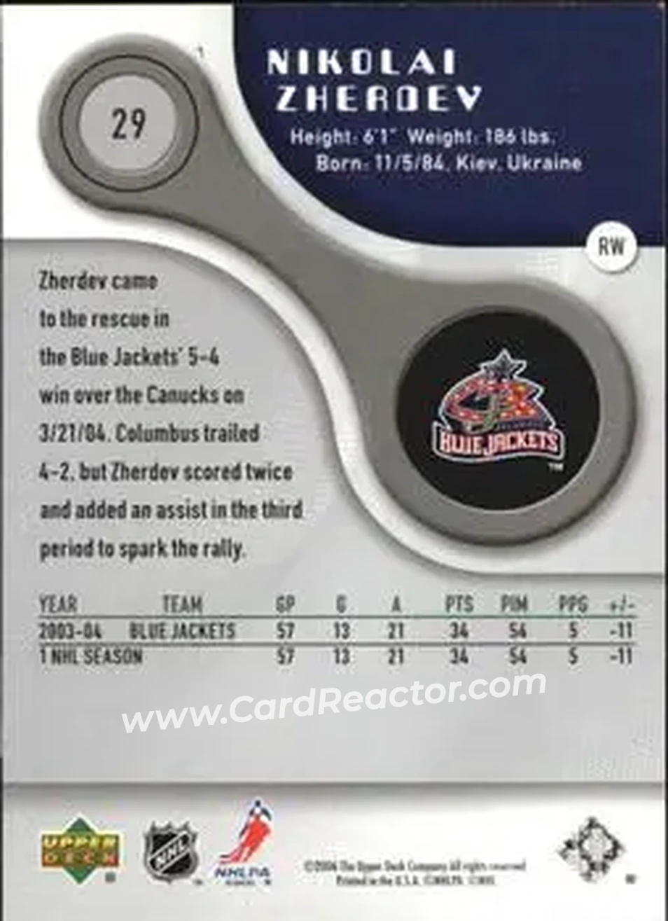 2005-06 SP Game Used #29 - Nikolai Zherdev - Columbus Blue Jackets - Back 2005-06 SP Game Used #29 - Nikolai Zherdev - Columbus Blue Jackets - Back