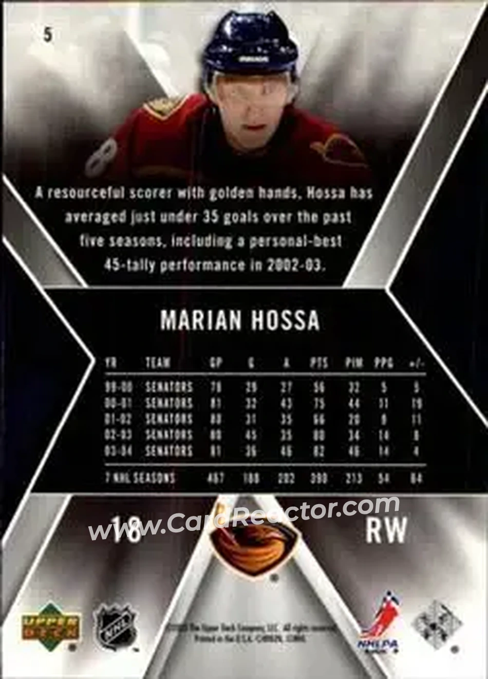 2005-06 SPx #5 - Marian Hossa - Atlanta Thrashers - Back 2005-06 SPx #5 - Marian Hossa - Atlanta Thrashers - Back