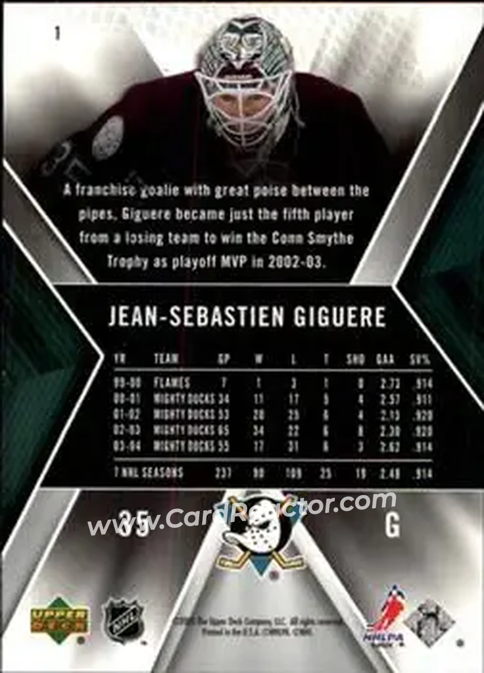 2005-06 SPx #1 - Jean-Sebastien Giguere - Anaheim Mighty Ducks - Back 2005-06 SPx #1 - Jean-Sebastien Giguere - Anaheim Mighty Ducks - Back