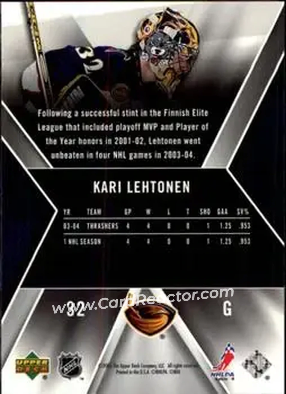 2005-06 SPx #4 - Kari Lehtonen - Atlanta Thrashers - Back