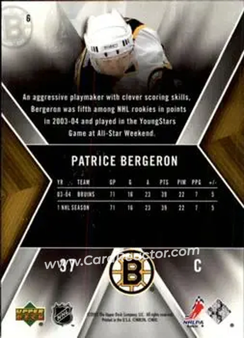 2005-06 SPx #6 - Patrice Bergeron - Boston Bruins - Back